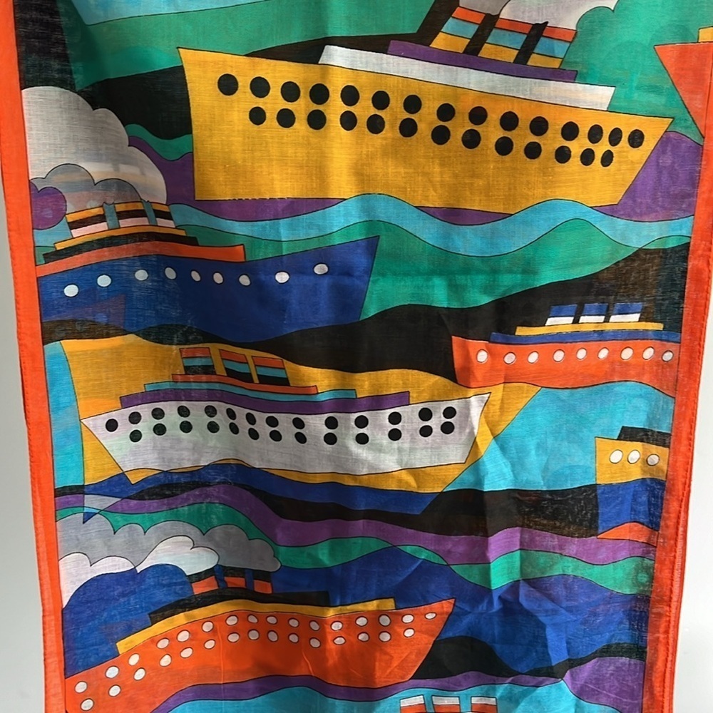 Vintage 80s orange blue Italian cotton scarf boat art Rectangle wrap eclectic